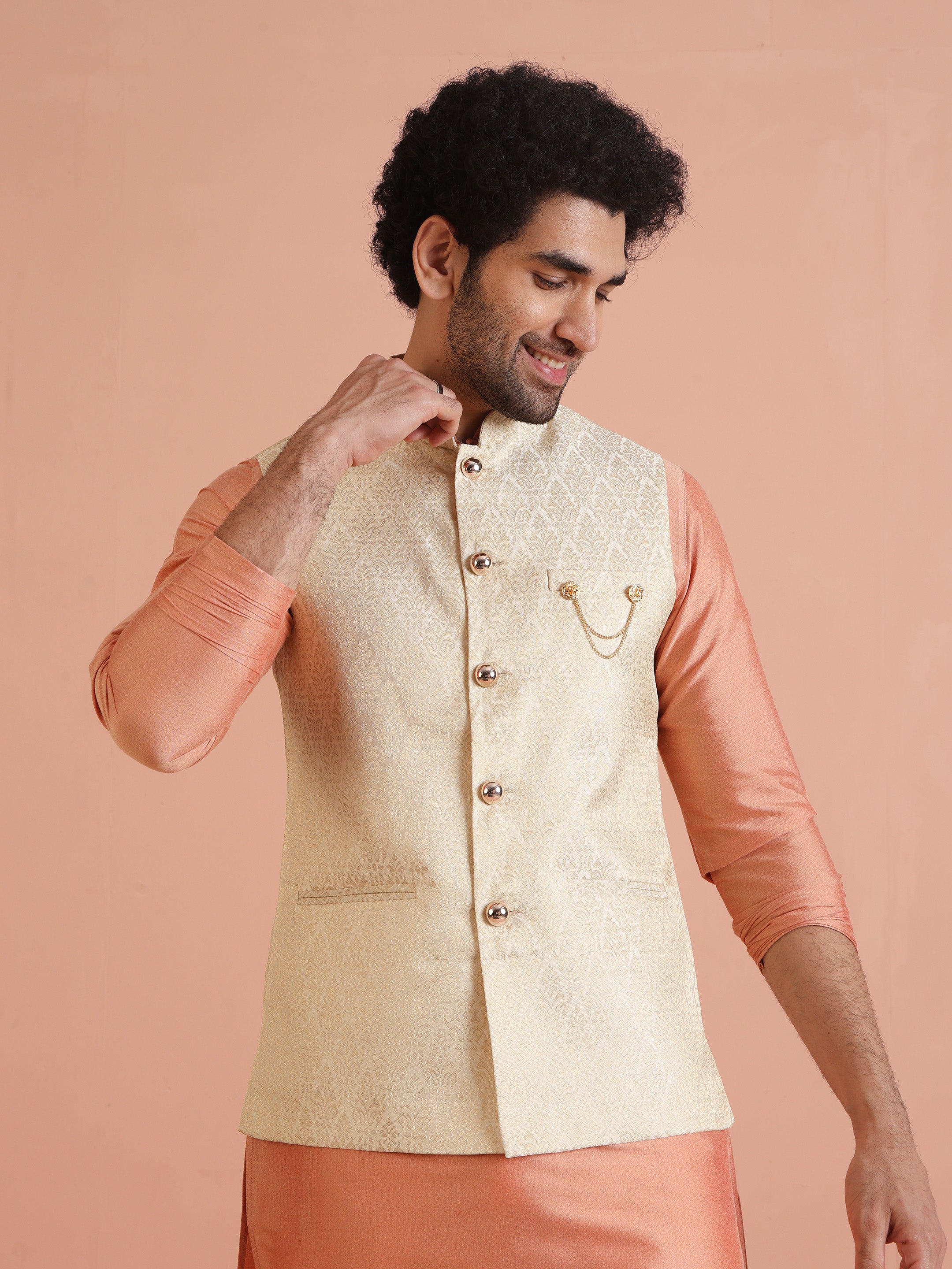 Cream Silk Blend Jacquard Nehru Jacket – Kisah