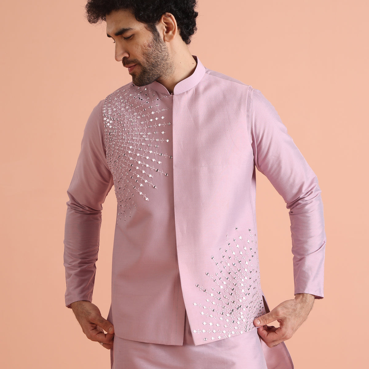 Pink Mirror Work Nehru Jacket – Kisah