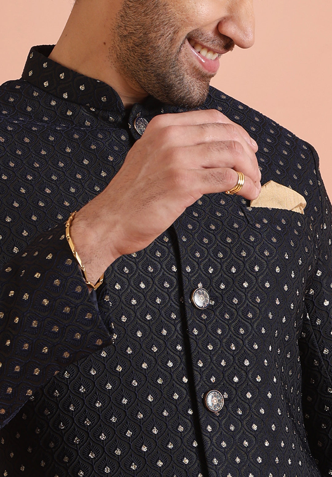 The zoomed in view of detailed embellishments in Navy Blue Embellished Indowestern Trouser Set of Kisah