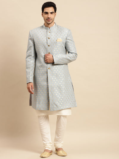 Men Blue Textured Kurta Indowestern Churidar Set