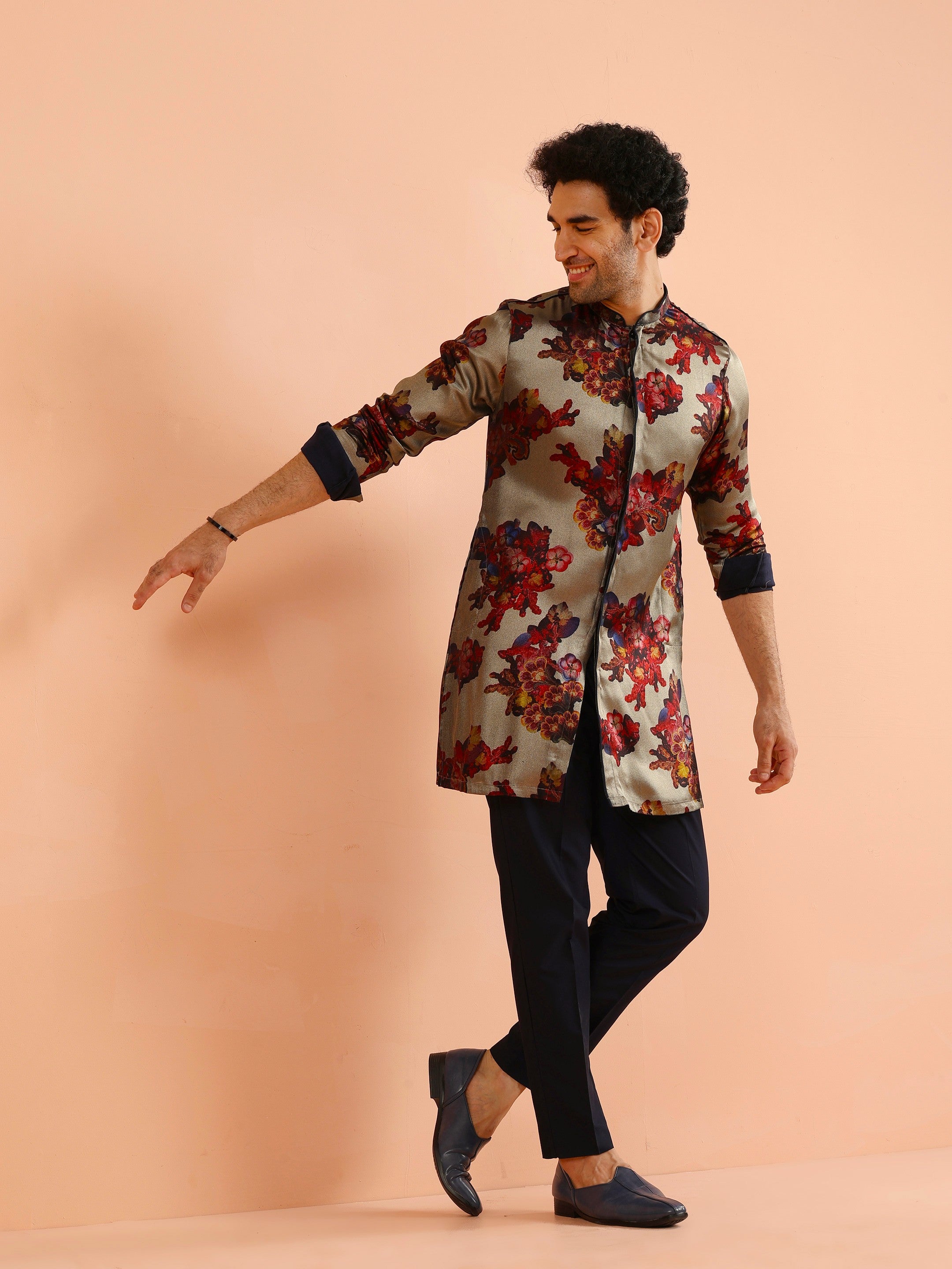 Grey Floral Silk Blend Kurta Set