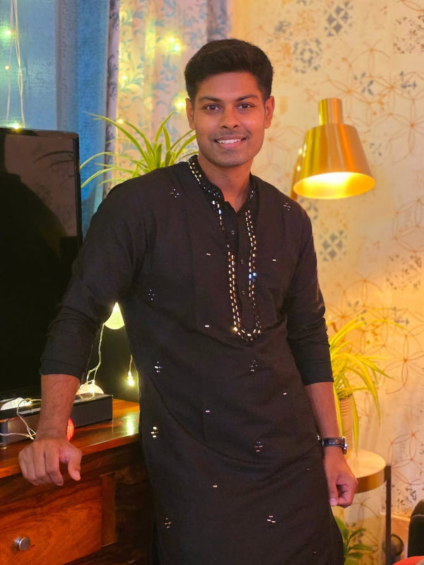 Black Cotton Mirror Work Kurta Trouser Set