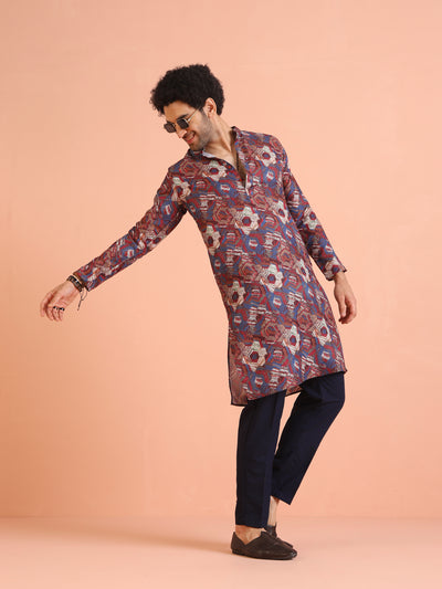 Multicolor Printed Cotton Kurta Set with Geometric Motifs and Navy Blue Trousers â€“ Festive & Wedding Ensemble