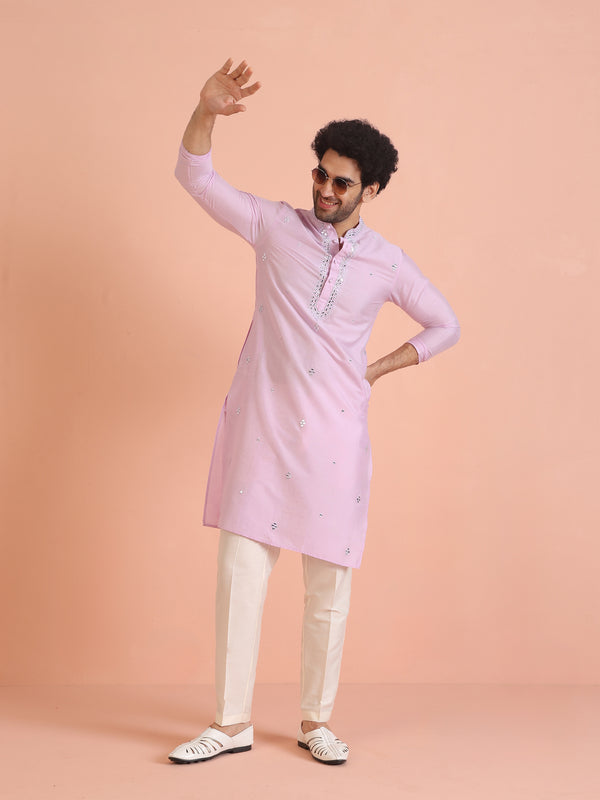 Light Pink Silk Blend Kurta with Embroidered Neckline and Cream Trousers