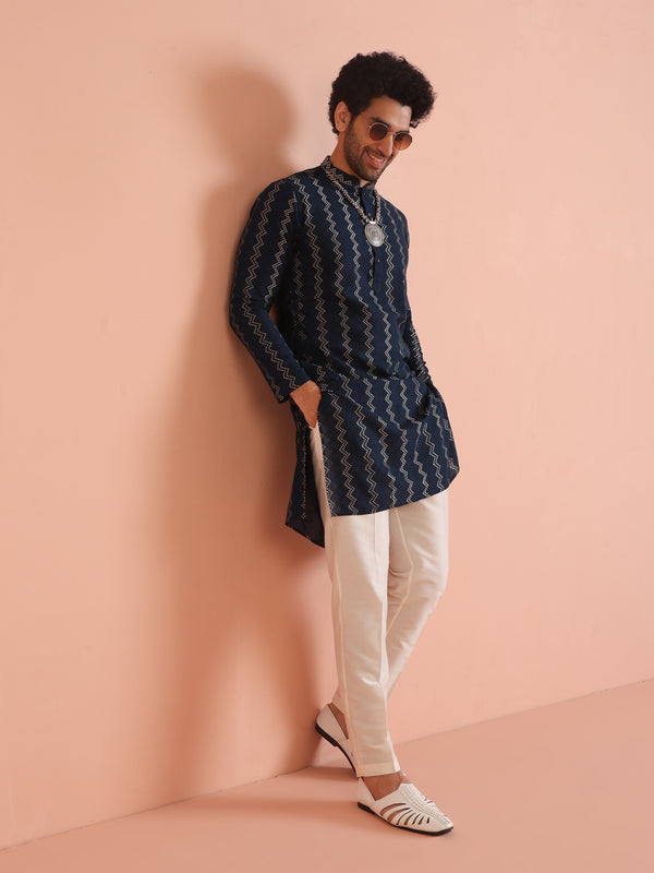 Teal Blue Jacquard Kurta Trouser Set