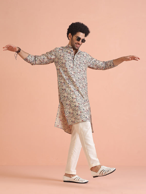 Cream Cotton Printed Kurta Trouser Set