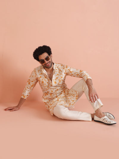 Cream Cotton Silk Mirror Work Kurta Trouser Set