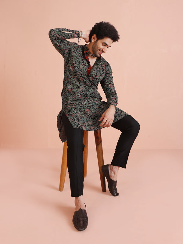 Black Printed Cotton Silk Kurta Trouser Set