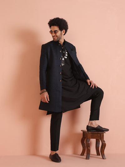 Navy Blue Silk Blend Woven Sherwani Kurta Trouser Set