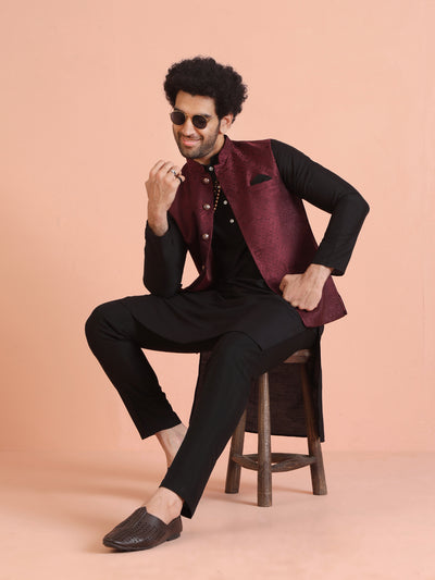 Maroon Jacquard Nehru Jacket Kurta Set