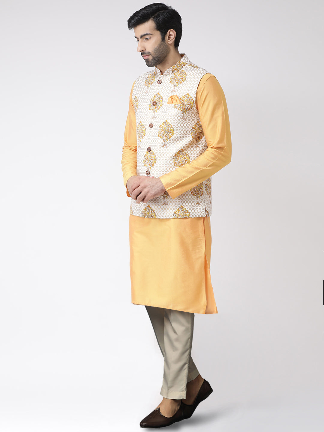 Buy Silk Cream and Yellow Kurta Payjama With Jacket Online