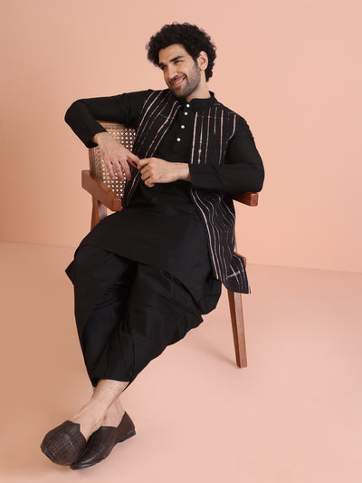 Black Printed Jacket Kurta Dhoti Set