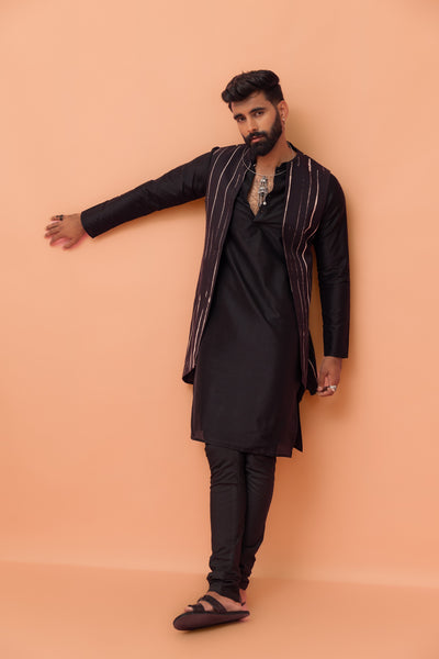 Black Striped Jacket Kurta Churidar Set