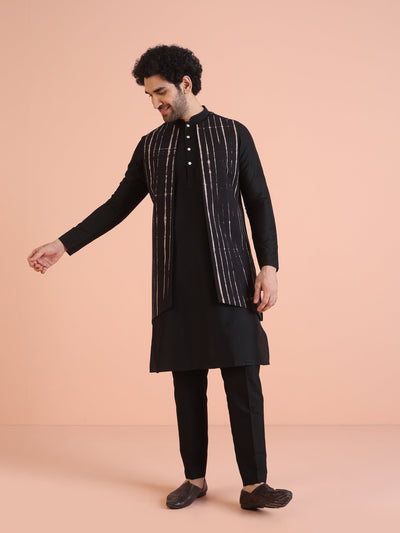 Black Cotton Printed Jacket Kurta Trouser Set