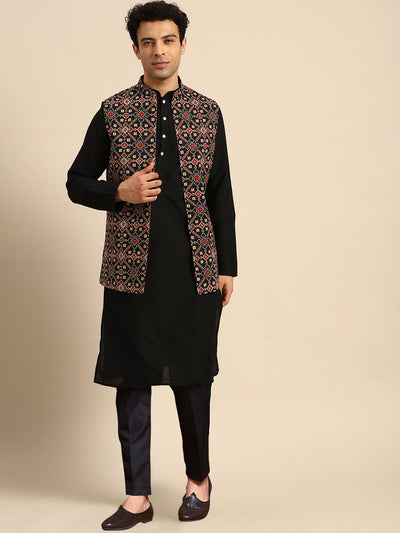 Black Multicolour Motif Jacket Kurta Trouser Set