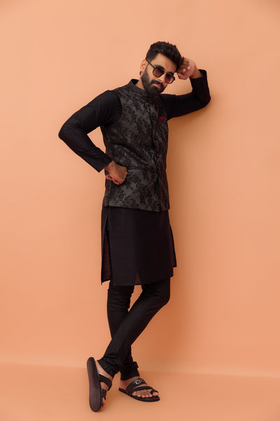 Black Jacquard Floral Jacket Kurta Churidar