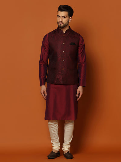 Maroon Cotton Woven Nehru Jacket Kurta Churidar