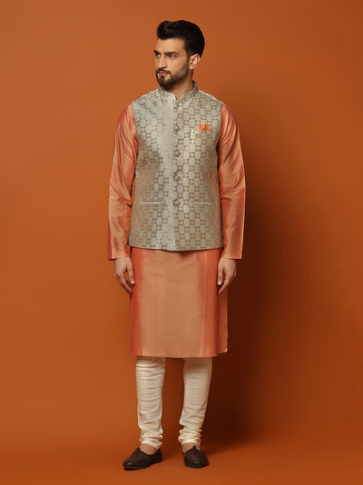 Peach Silk Blend Textured Nehru Jacket Kurta Churidar