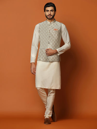 Cream Silk Blend Textured Nehru Jacket Kurta Churidar