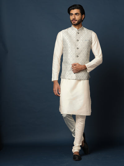 Cream Silk Blend Woven Nehru Jacket Kurta Churidar Set