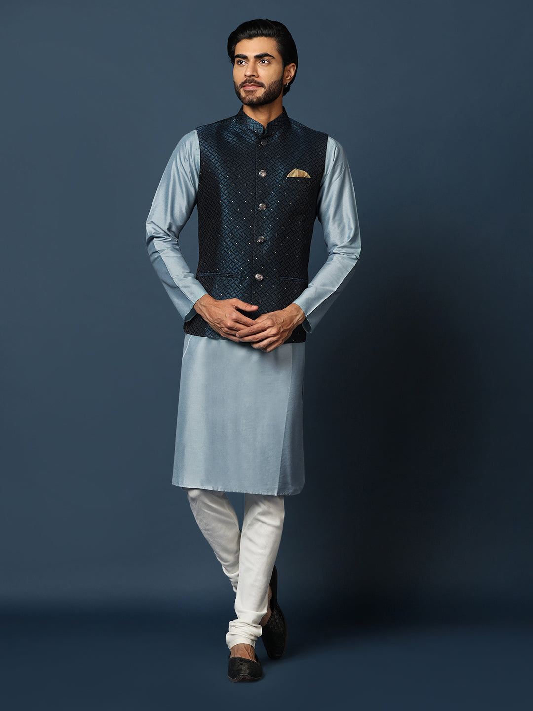 Ice Blue Embroidered Nehru Jacket With Kurta Set Design by Amaare at  Pernia's Pop Up Shop 2024