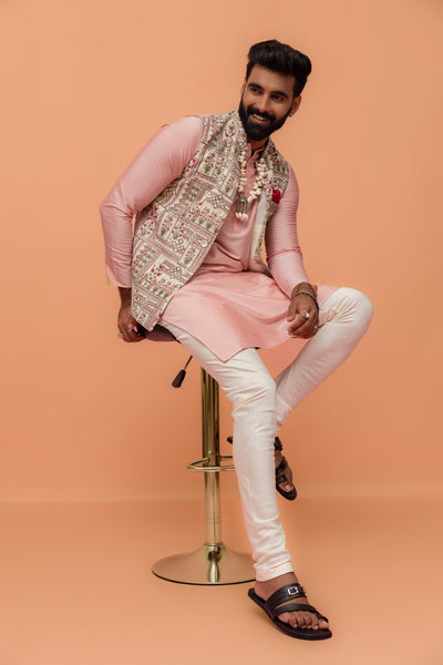 Pink Cotton Silk Kurta with White Printed Nehru Jacket Churidar
