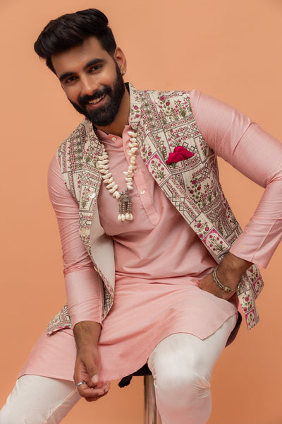 Pink Kurta Ivory Churidar with Embroidered Jacket