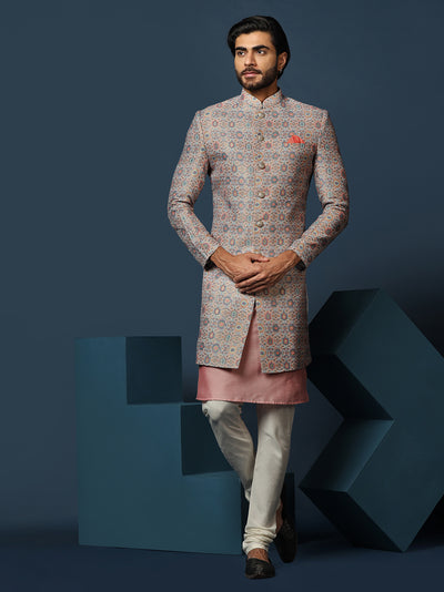 Pastel Cotton Silk Printed Sherwani Kurta Churidar Set