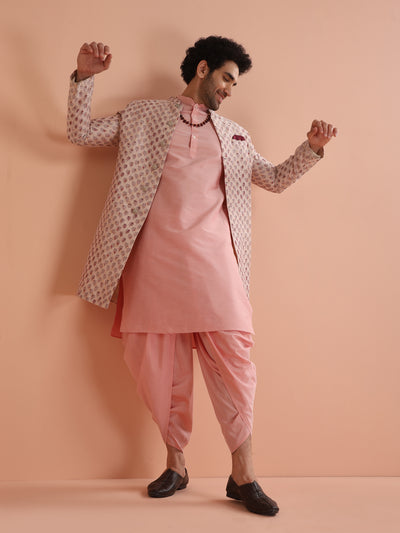 Pink Cotton Silk Printed Sherwani Kurta Dhoti Set