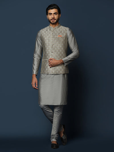 Grey Silk Blend Textured Nehru Jacket Kurta Churidar