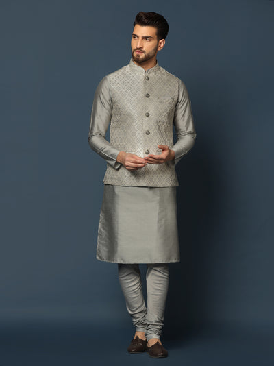 Grey Silk Blend Textured Nehru Jacket Set with Kurta & Churidar