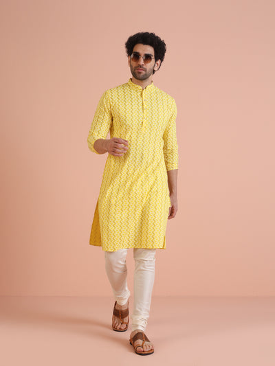 Yellow Silk Blend Kurta Set with Geometric Woven Pattern and Cream Churidar â€“ Festive & Wedding Ensemble