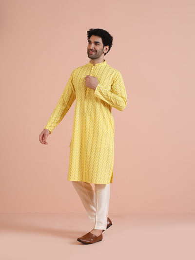 Yellow Silk Blend Kurta Set with Geometric Woven Pattern and Cream Trousers â€“ Festive & Wedding Ensemble