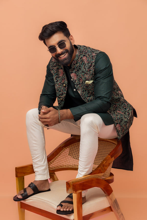 Multicolor Art Silk Embroidered Nehru Jacket with Kurta Churidar