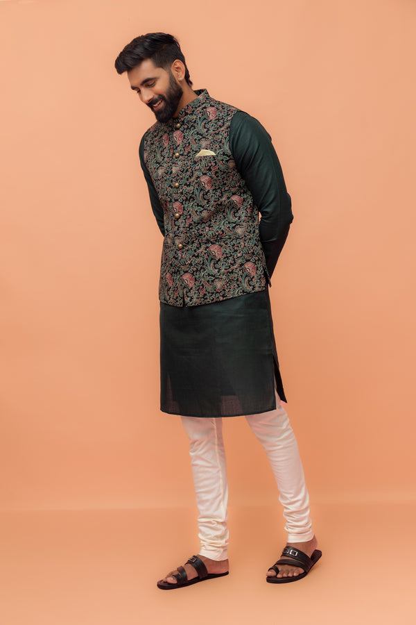 Multicolor Art Silk Embroidered Nehru Jacket with Kurta Churidar