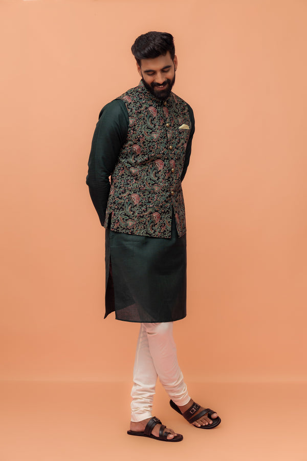 Multicolor Art Silk Embroidered Nehru Jacket with Kurta Churidar