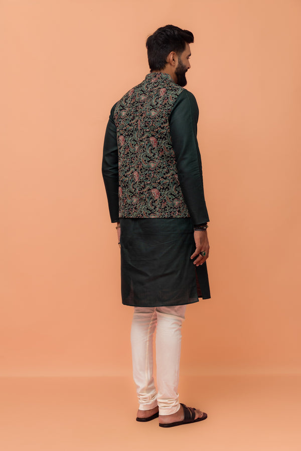 Multicolor Art Silk Embroidered Nehru Jacket with Kurta Churidar