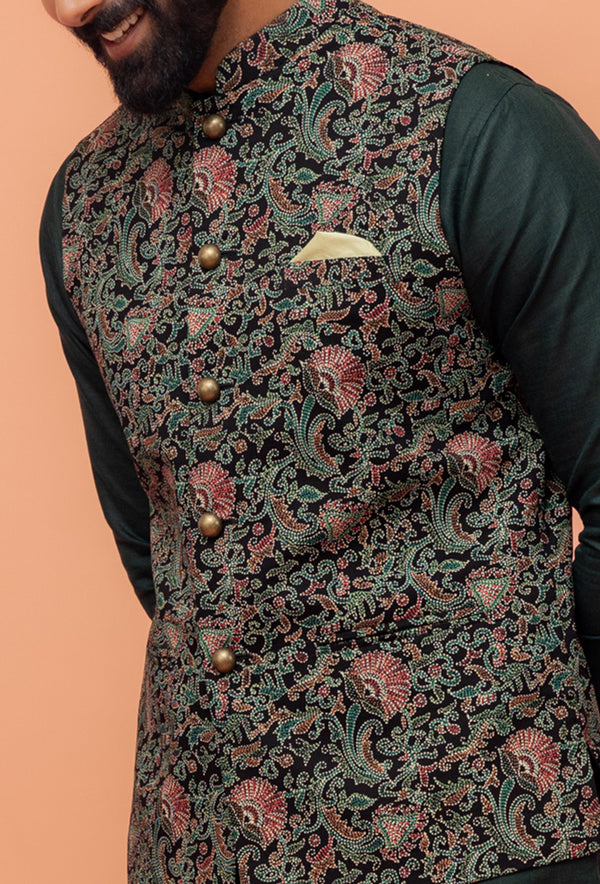 Multicolor Art Silk Embroidered Nehru Jacket with Kurta Churidar