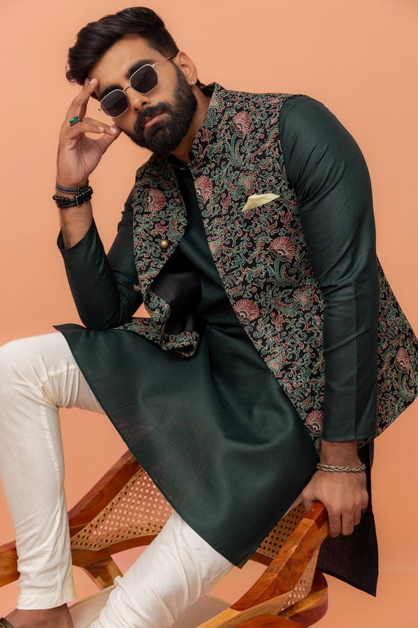 Multicolor Art Silk Embroidered Nehru Jacket with Kurta Churidar