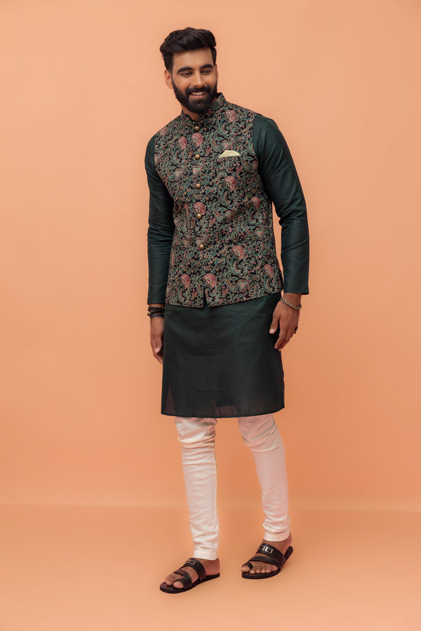 Multicolor Art Silk Embroidered Nehru Jacket with Kurta Churidar
