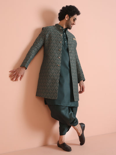 Bottle Green Cotton Silk Textured Indowestern Sherwani Kurta Dhoti