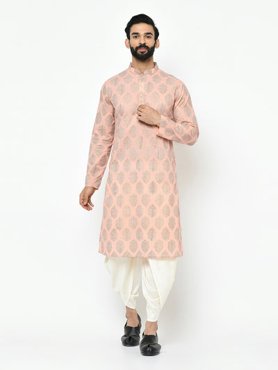 Peach Silk Blend Printed Kurta Dhoti
