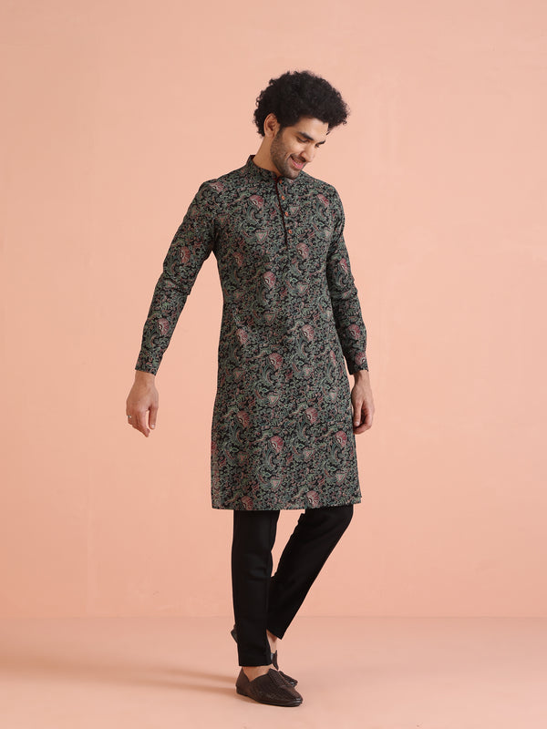 Black Printed Cotton Silk Kurta Trouser Set