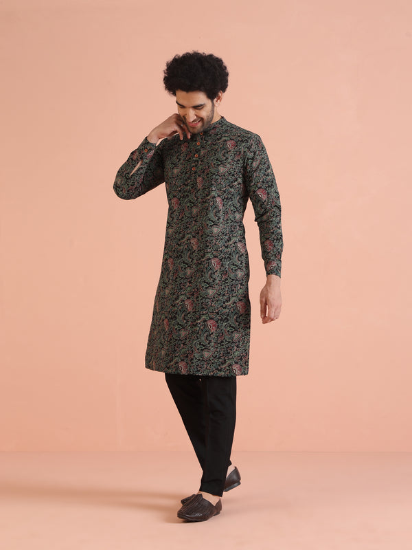 Black Printed Cotton Silk Kurta Trouser Set