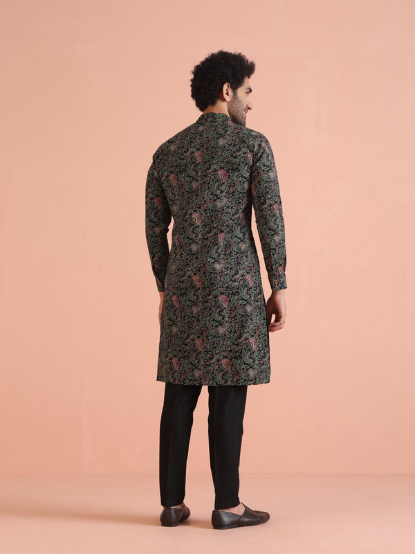 Black Printed Cotton Silk Kurta Trouser Set