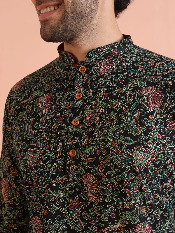 Black Printed Cotton Silk Kurta Trouser Set