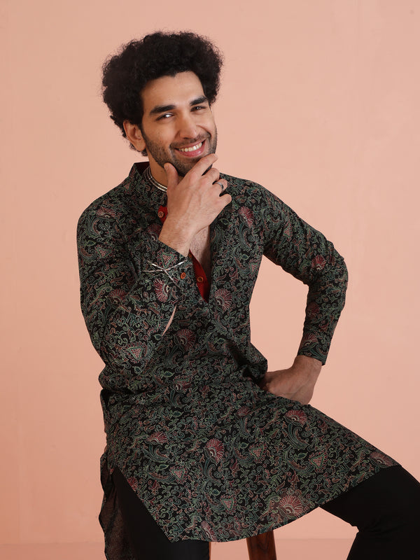 Black Printed Cotton Silk Kurta Trouser Set