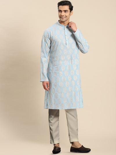 Light Blue Jacquard Kurta with Beige Trouser