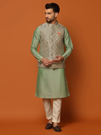 Grey Golden Woven Nehru Jacket Kurta Trouser Set