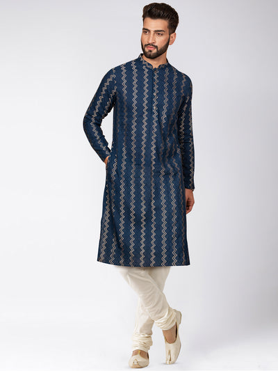 Navy Art Silk Zigzag Kurta Cream Churidar Set